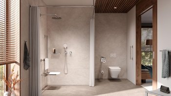Ein modernes Badezimmer mit einer eleganten Dusche, einem WC und einem Fenster, das Tageslicht hereinlässt.