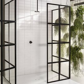 Eine moderne Dusche mit schwarzen Glastüren und weißen Fliesen, umgeben von hängenden Pflanzen für ein frisches Ambiente.