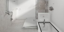 Ein modernes Badezimmer mit einer eleganten Dusche und einer freistehenden Badewanne, umgeben von hellen Fliesen und Glas.